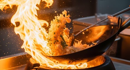 Fiery wok cooking,  stir-fried rice tossed high in flames.