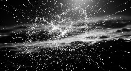 Abstract black and white image of particles forming a shape in space.