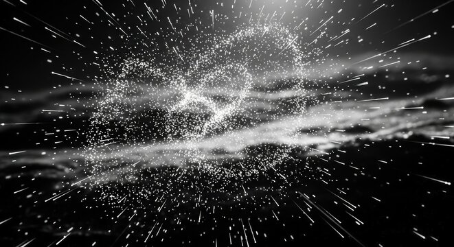 Abstract black and white image of particles forming a shape in space.