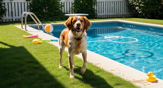 Brown dog by the poolside on a sunny day. - Powered by Adobe