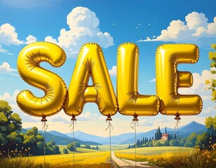 Gold balloons spell SALE over landscape