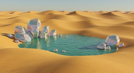 A miraculous desert oasis with pristine water and giant shimmering crystals on vast golden sand dunes