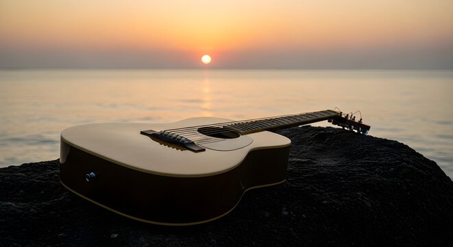 Sunset Acoustic Guitar on Ocean Rock Peaceful Melody