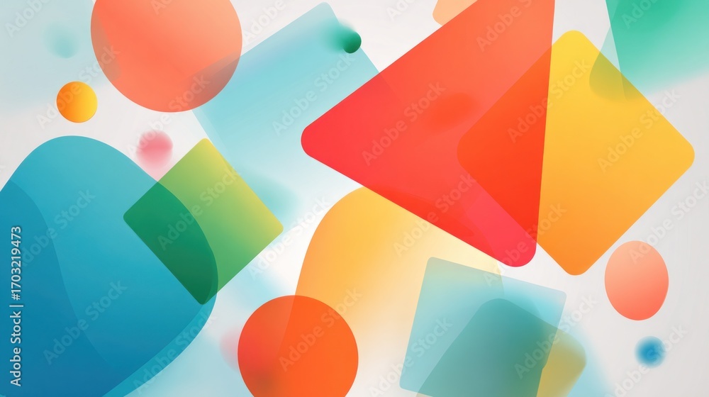 Poster colorful geometric shapescircles, squares, trianglesoverlapping and blending in dynamic abstract bac