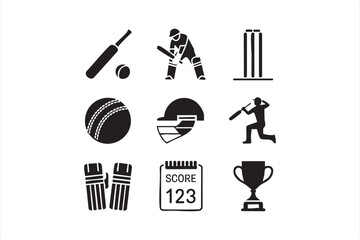 Obraz premium Cricket sport icons design set with match tools training gear and trophy cup