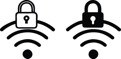 Wi Fi Icons. Black and White Vector Illustrations. Padlock and Wi Fi Internet. Protecting Wireless Network from Unauthorized Access. Concept Password and Data Security

