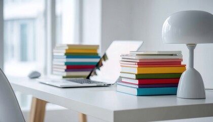 Colorful books piled on white desk beside laptop, lamp, mouse, illuminating cozy home workspace bathed in natural daylight
