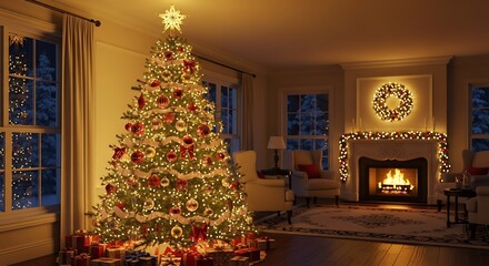 Warmth of christmas evening scene displaying a decorated tree and fireplace radiating holiday