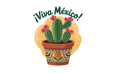 Viva Mexico Illustration of a Cactus in a Pot with Red Flowers, Celebrating Mexican Culture and Independence Day, with Festive Illustration Style