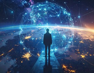 Silhouette of Person Contemplating Illuminated Global Network