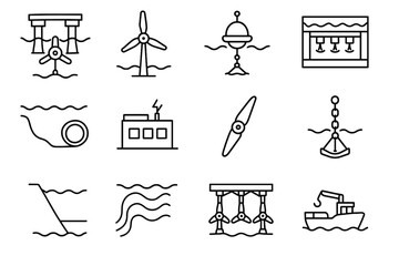 Vector energy icon platform floating system underwater icons generator tidal power rotor