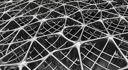 Abstract metal structure creates an intricate network of lines and curves forming a futuristic and complex geometric pattern, evoking a sense of innovation and technology.