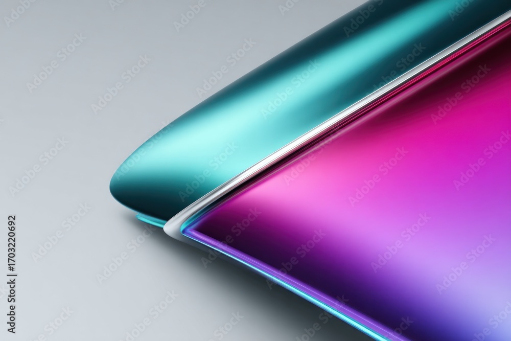 Poster smooth turquoise and purple abstract shapes with metallic edges are overlapping, creating a colorful
