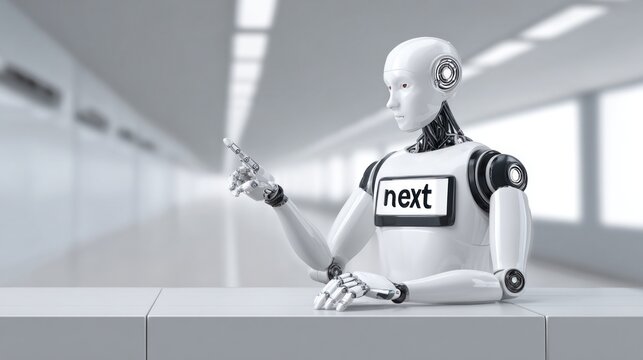 Humanoid robot sitting at white table, metallic body displaying next lettering, pointing sideways against blurred luminous background, representing advanced artificial intelligence progression