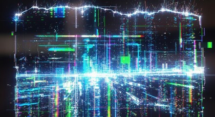Abstract digital data visualization of a cube, with lines, dots, and light effects.