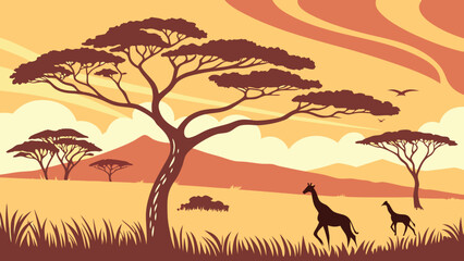 African savanna landscape with giraffes and acacia trees under sunset sky. © Ahyar