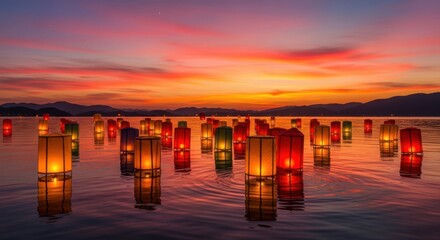 Floating lanterns glow at dusk isolated on white background	