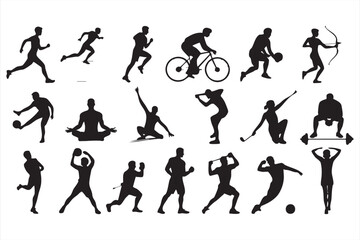 Vector sports silhouette icons with athletes playing soccer basketball and golf