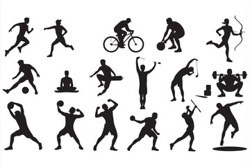 Athlete action silhouettes vector set including running cycling and training