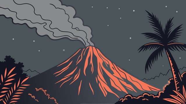 Volcanic Eruption at Night with Lava Flow and Palm Trees.