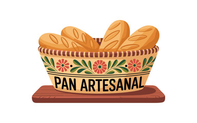 Artisanal Bread in a Decorative Basket: Freshly Baked Baguettes on a Wooden Tray, Ideal for Bakeries and Food Illustrations, Featuring 