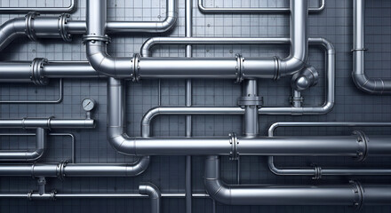 Complex network of metal pipes runs along a tiled wall, creating an industrial aesthetic with a sense of organized chaos and functional design.