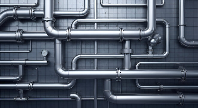 Complex network of metal pipes runs along a tiled wall, creating an industrial aesthetic with a sense of organized chaos and functional design.