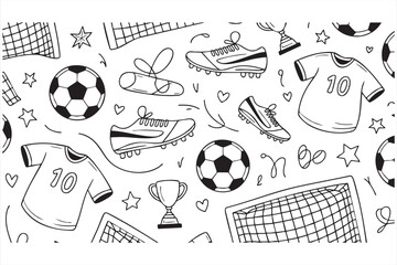 Sports doodle seamless pattern featuring soccer match elements and trophy cup © ALI