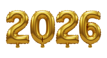 Golden balloons form the year 2026 on a transparent background