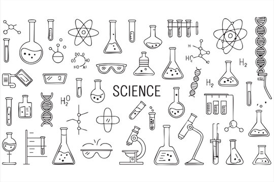 Vector science doodle illustration set with lab equipment and experiment icons