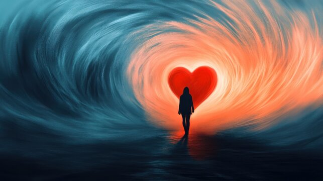 person walking away from a broken heart surrounded by a storm of swirling lines, symbolizing the isolation of depression, simple graphic style, blurred stormy background