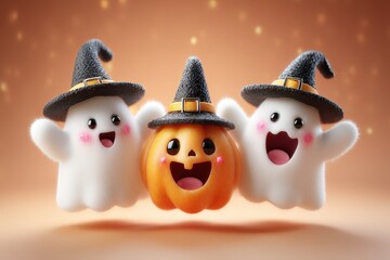 Cute Halloween Ghosts and Pumpkin with Witch Hats