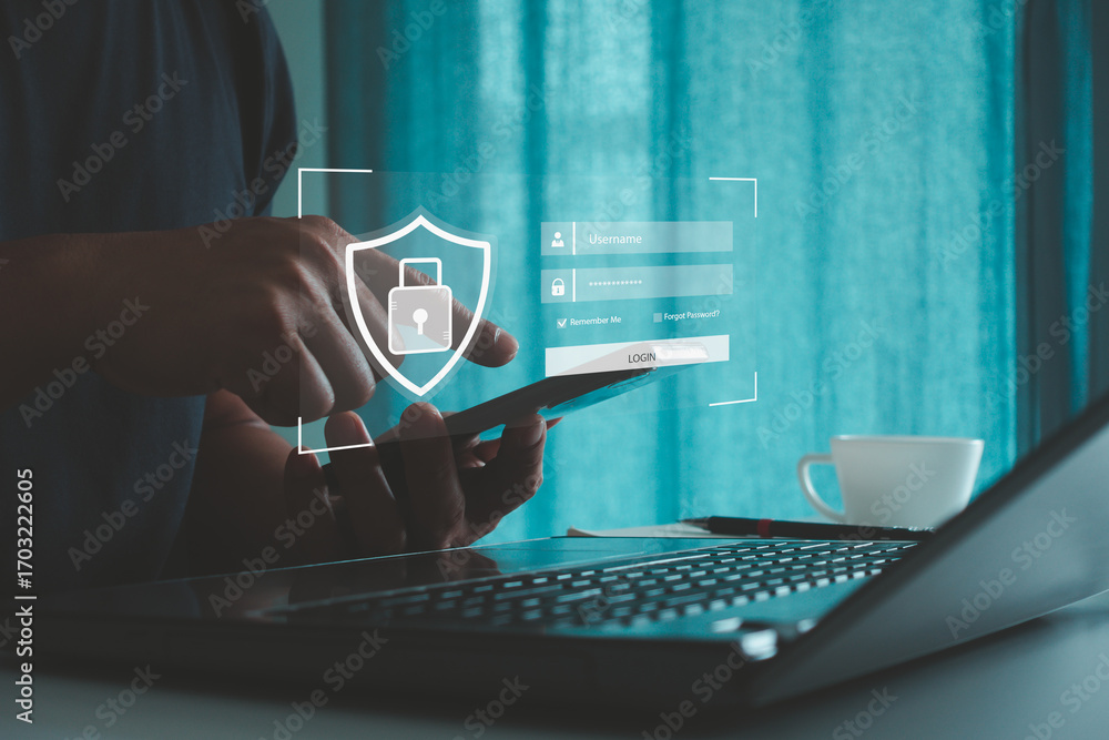 Poster hand using smartphone with login screen and security lock icon, symbolizing cybersecurity, data prot