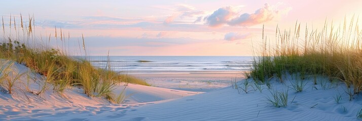 Serene beach view at sunrise with soft sand dunes and gentle waves under a pastel sky