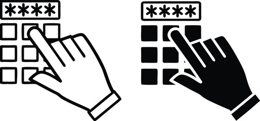 Code Icons. Black And White Vector Illustration. Man Dials Secret PIN Code To Access Finance. Man's Hand And ATM Keypad. Concept Password And Data Security

