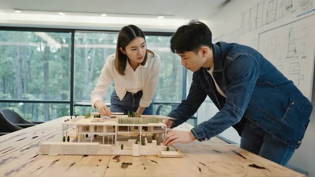 Architectural Duo at Work: Two professionals intently examine a detailed architectural model on a large wooden table, collaborating in a well-lit, modern office setting. Capturing teamwork, precision.