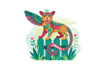 Colorful Alebrije Jaguar with Wing on Fence, Traditional Mexican Folk Art with Vivid Details and Ornamental Style, Against a White Background.