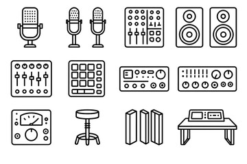 Microphone monitor stereo icons vector icon room control table studio music bass
