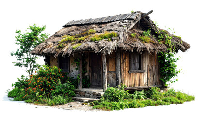 An old, traditional wooden cottage with a thatched roof stands in a rural village surrounded by green grass on white background