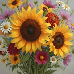 Naklejka premium Vibrant Bouquet of Sunflowers and Mixed Wildflowers with Daisies and Cosmos