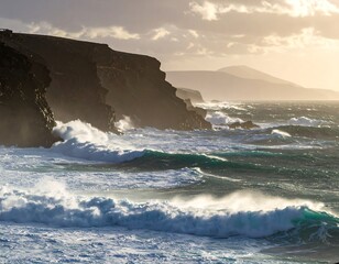 Dramatic ocean waves crashing against a rugged coastline at sunset