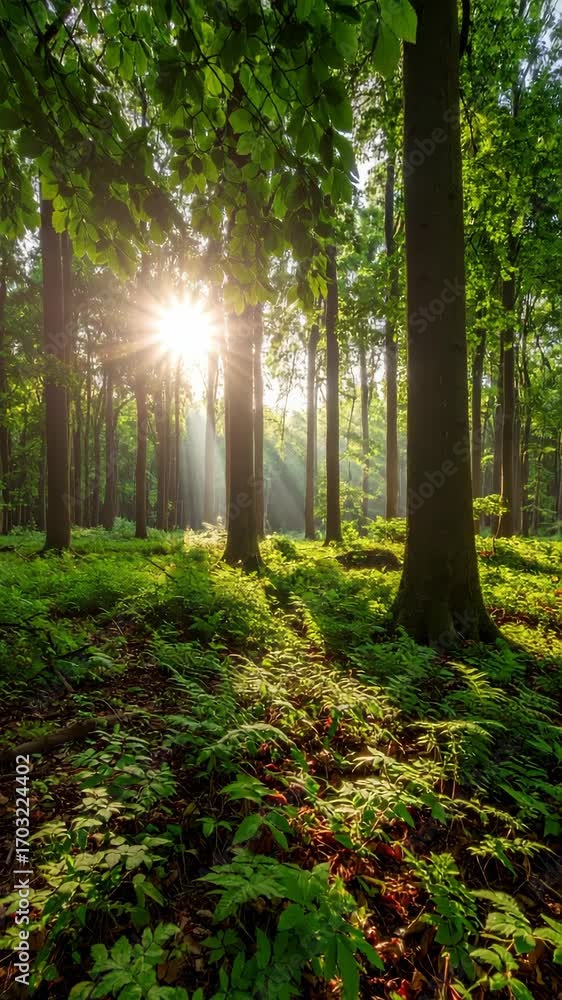 Aufkleber sunlight shining through tall trees creating sunbeams in a lush green forest with ferns and dense ve