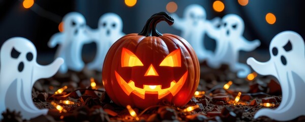 A carved jack-o-lantern surrounded by dim light from a cute little ghost.
