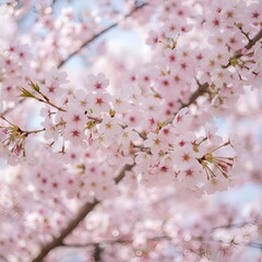 Abundant Pink Cherry Blossoms Blooming on a Branch with a Gentle Bokeh Background