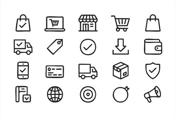 Online shopping icons vector pack featuring bag cart delivery and purchase graphics
