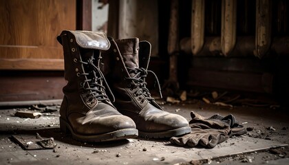 Worn work boots in abandoned building