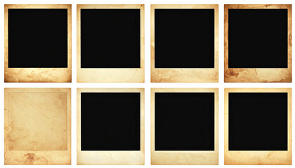 Nine vintage photo frames, arranged in a grid pattern.  Each frame has a textured, aged, light beige background.  