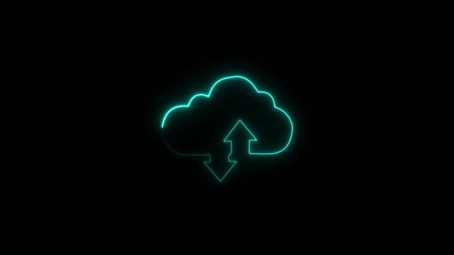 Glowing neon cloud download arrow animation for data transfer and backup. Cloud computing glowing neon Downloading icon animation