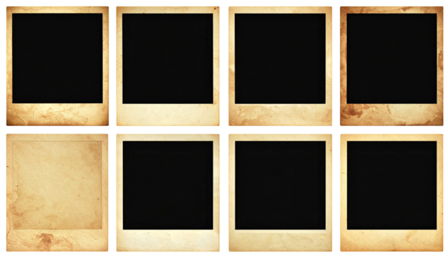 Nine vintage photo frames, arranged in a grid pattern.  Each frame has a textured, aged, light beige background.  