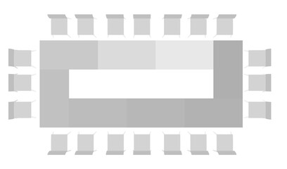 Meeting room floor plan with tables and chairs arranged in a square formation on a white background. The seating plan is clearly visible as a silhouette.